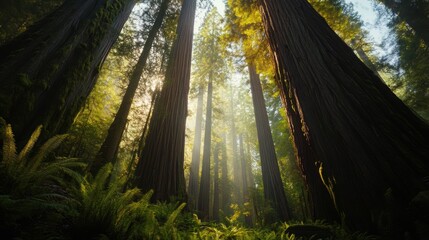 Fototapeta premium A serene forest scene featuring towering trees and soft sunlight filtering through the leaves, ideal for nature-themed projects, relaxation materials, and environmental awareness campaigns,