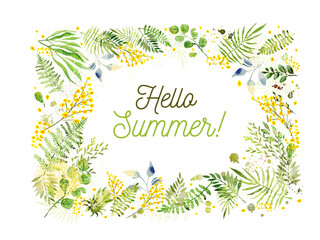 Hello Summer. Watercolor Leaves Frame and mimosa branches. hand drawing. Not AI Vector illustration
