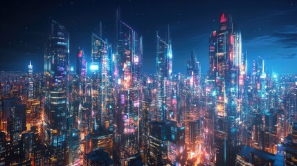 Fototapeta premium Futuristic city skyline at night, aerial view, vibrant lights, technology, possible use for sci-fi, gaming, or background image