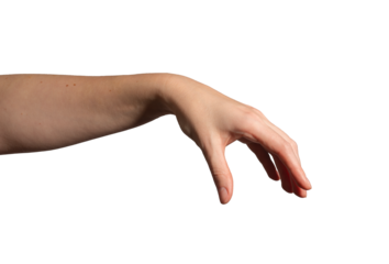 Hand delicately holding an invisible object between thumb and index finger. Gesture showing precision, grip, and subtle control. Caucasian female with light and shadow. Isolated on white background..