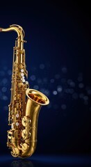 Obraz premium Saxophone shines under the spotlight in vibrant atmosphere with blue background and soft bokeh effect. Vertical HD background.