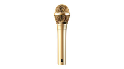 A single gold microphone standing upright against a stark black background in a studio settingisolated on transparent background	