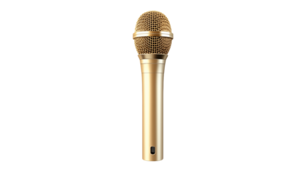 A single gold microphone standing upright against a stark black background in a studio settingisolated on transparent background	
