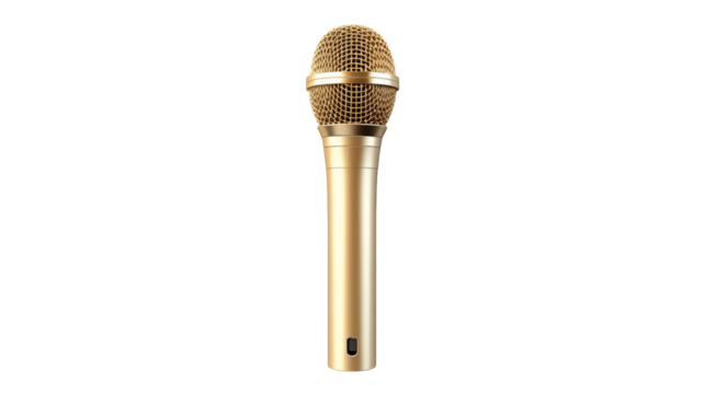 A single gold microphone standing upright against a stark black background in a studio settingisolated on transparent background	