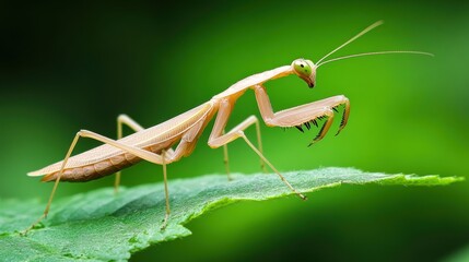 A close-up of a praying mantis on a green leaf showcases its intricate details and natural beauty, ideal for nature blogs, educational materials, or insect-related projects,