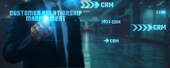 Businessman touches one technology point in hand network connection on Customer Relationship Management (CRM), data analytics, cloud solutions, automation