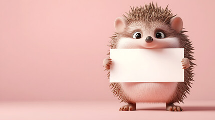 Cute cartoon hedgehog holding a blank sign against a soft pink background, inviting creativity