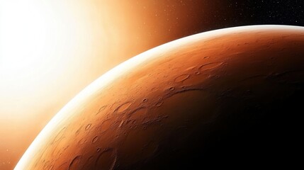 A stunning view of Mars with a glowing sunrise, showcasing the planet's reddish surface and craters against a dark backdrop, Ideal for space exploration themes, educational materials