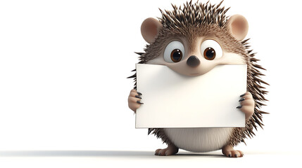 Cute cartoon hedgehog holding a blank sign, set against a minimalist white background