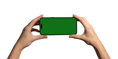 Hand holding a smartphone horizontally with a blank green chromakey screen, perfect for video, gaming, and app mockup. Caucasian female presenting device for promotion. Isolated on white background..