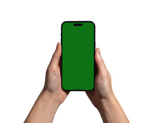 Hand holding a smartphone with a blank green chromakey screen, ideal for app mockup, promotion, and advertising. Caucasian female presenting device for display. Isolated on white background..