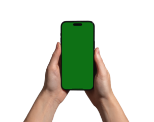 Hand holding a smartphone with a blank green chromakey screen, ideal for app mockup, promotion, and advertising. Caucasian female presenting device for display. Isolated on white background..