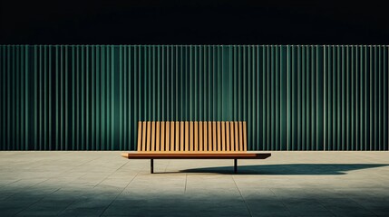 Minimalist bench against teal slatted wall