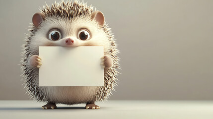 A cute hedgehog holding a blank card, set against a soft, neutral background with subtle lighting