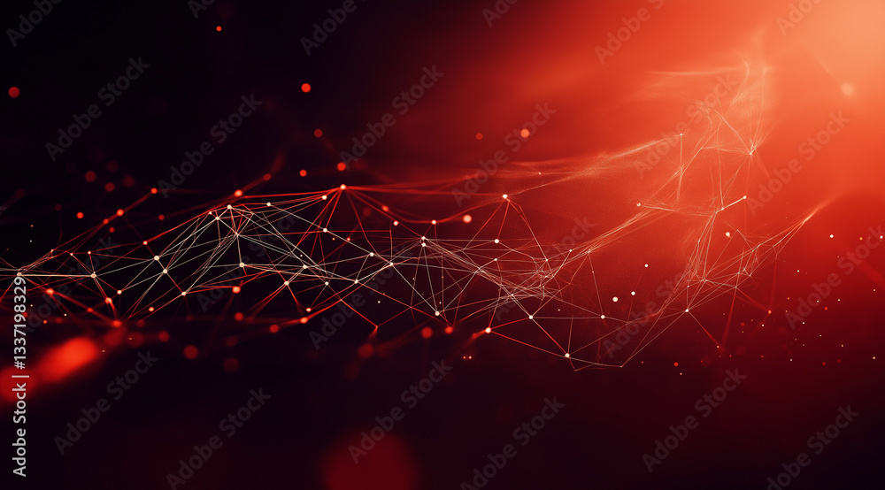 Poster abstract technological background in red tones with particles similar to nerve nodes and neural netw