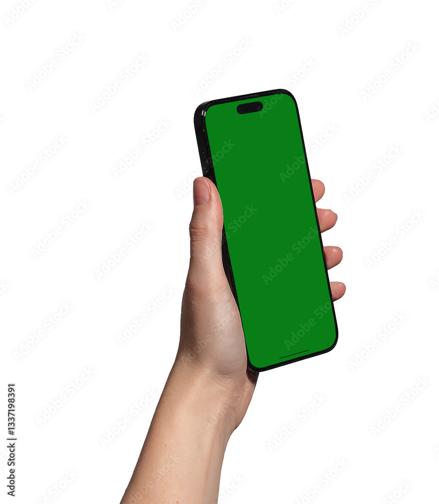 Poster hand holding a smartphone with a blank green chromakey screen, tilted for a dynamic perspective. ide