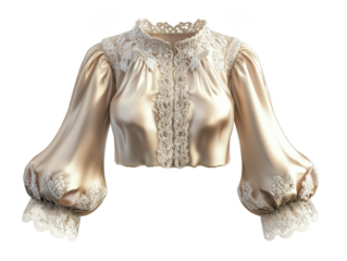 A satin blouse with lace trim and bishop sleeves isolated on a Transparency Background