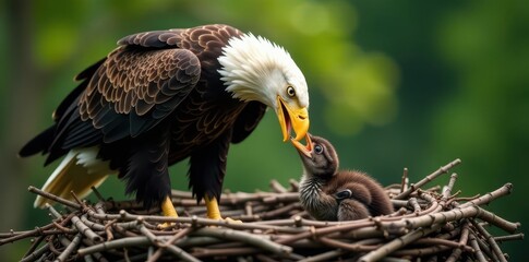 Adult bald eagle delivers fish to hungry chick in nest , mountain, animal