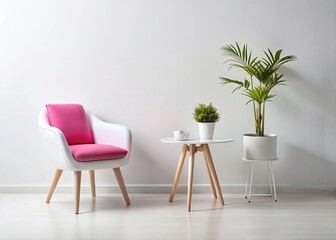 Minimalist Cozy Interior: White Pink Chair Table Plant Potted Decor