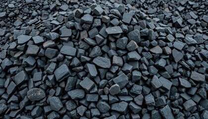 A large pile of dark, shiny anthracite coal fragments, fuel, fragments