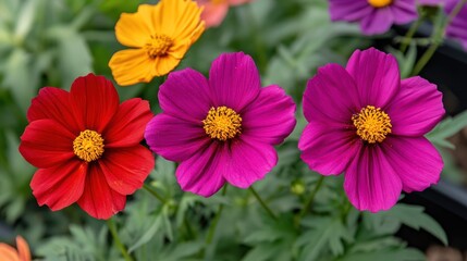 Fototapeta premium Vibrant Cosmos Flowers Showcase Vivid Hues in a Summer Garden Display
