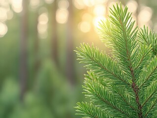 Close-up of a pine branch glistening in sunlight amidst a blurred forest background