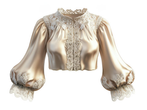 A satin blouse with lace trim and bishop sleeves isolated on a Transparency Background