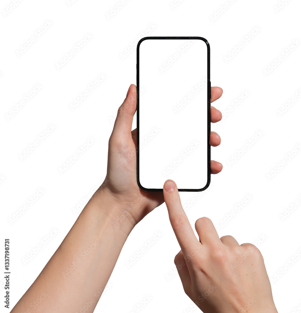 Poster hand holding a smartphone with a blank screen, index finger tapping to capture or interact. ideal fo
