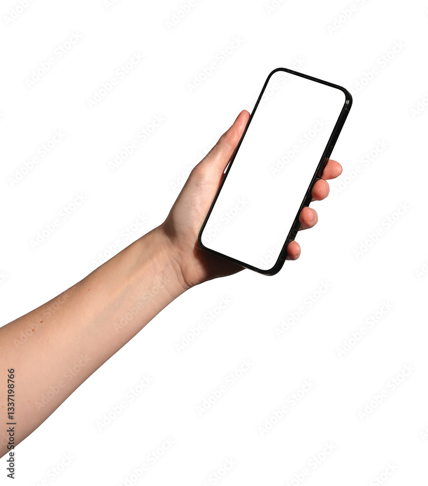 Poster hand holding a smartphone with a blank screen, perfect for mockup and promotion. female presenting m