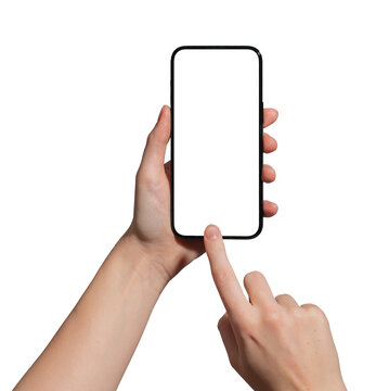 Hand holding a smartphone with a blank screen, index finger tapping to capture or interact. Ideal for app promotion, advertising, and mockup. Caucasian female presenting device. Isolated on white.