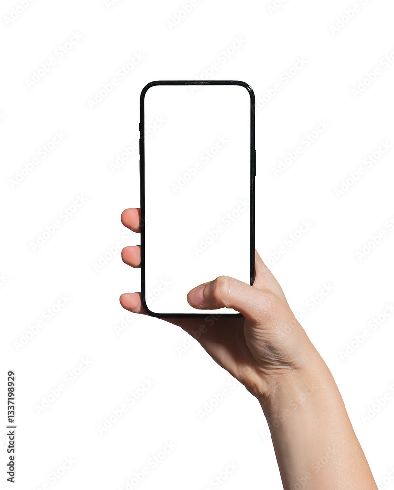 Aufkleber Hand holding a smartphone with a blank screen, thumb touching for biometric authentication or interaction. Ideal for identity verification, app promotion, and technology mockup. Isolated on white.