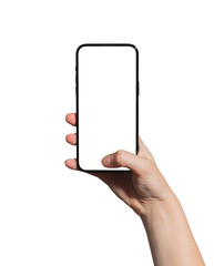 Hand holding a smartphone with a blank screen, thumb touching for biometric authentication or interaction. Ideal for identity verification, app promotion, and technology mockup. Isolated on white.