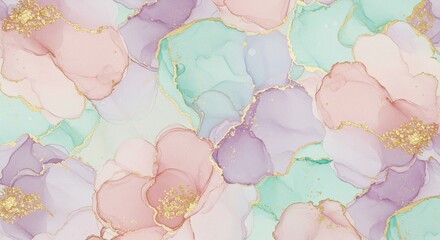 Abstract Pastel Pink Purple Mint Green Alcohol Ink Floral Design with Gold Accents