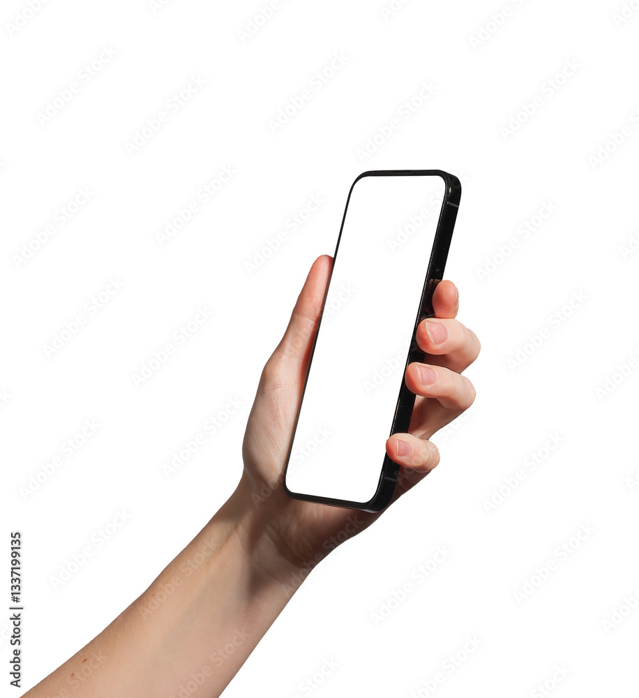 Poster hand holding a smartphone with a blank screen, tilted for a dynamic perspective. app promotion, adve