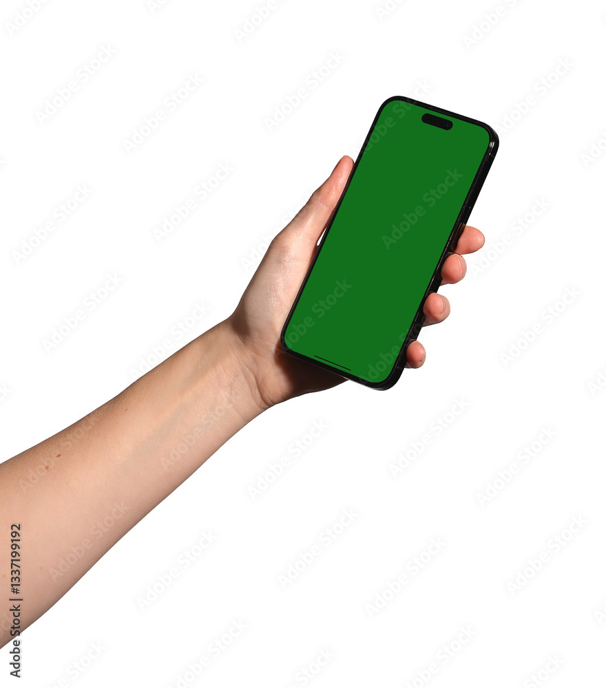 Poster hand holding a smartphone with an empty green chromakey screen. female presenting mobile device for 