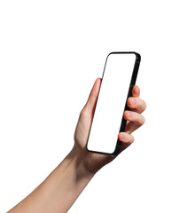 Hand holding a smartphone with a blank screen, tilted for a dynamic perspective. app promotion,...