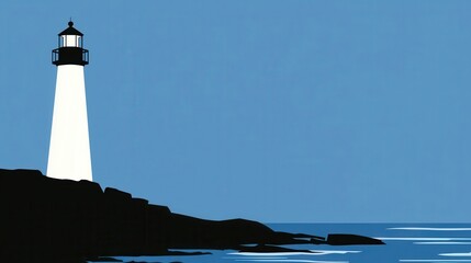 Lighthouse on Rocky Coast at Dusk Shining Brightly