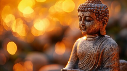 Stone Buddha statue with peaceful aura, embodying Zen meditation, spiritual awakening, and harmony, suitable for yoga studios and wellness branding, stylized comic book illustration