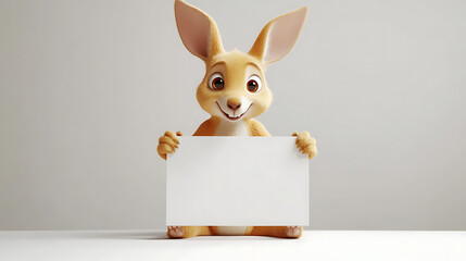 Cartoon rabbit character joyfully holding a blank sign in a minimalistic setting