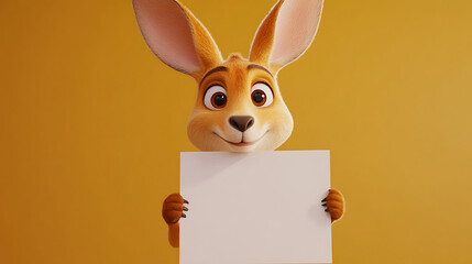 Cheerful cartoon rabbit holding a blank sign against a vibrant yellow background, smiling