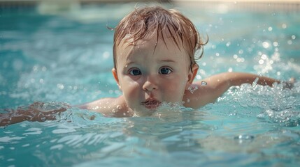 Little boy swims in clear water in the pool on vacation