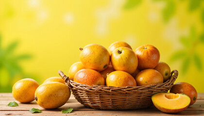 Ripe mangos from India, Peru, and Mexico in rustic basket for tropical recipes, food bloggers, and refreshment ads