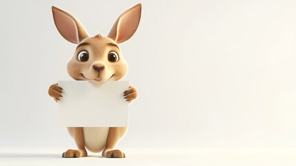 Cute cartoon rabbit holding a blank sign in a bright, minimalistic setting
