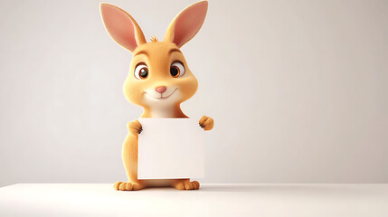 Cute cartoon rabbit holding a blank sign, smiling cheerfully in a minimalist studio setting (1)