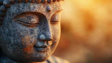 Obraz premium Stone Buddha statue with peaceful aura, embodying Zen meditation, spiritual awakening, and harmony, suitable for yoga studios and wellness branding, stylized comic book illustration