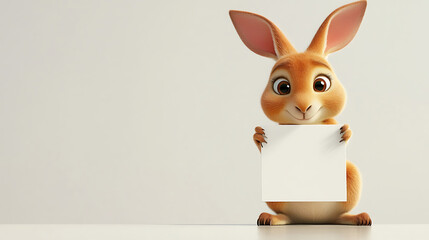 Cute cartoon rabbit holding a blank sign, set against a minimalistic background