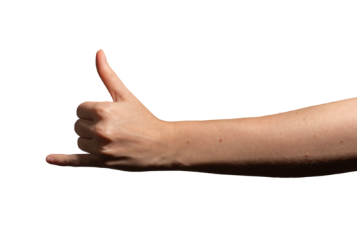 Hand making the shaka sign with thumb and pinky extended, symbolizing aloha, surfing, and relaxation. Caucasian female expressing a friendly and chill gesture. Isolated on white background..