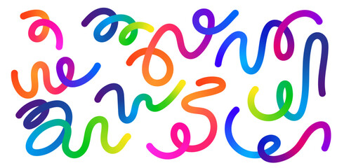 Set of abstract ribbon rainbow gradient swirl lines. Bright decorative fluid wavy colorful shapes. Squiggly Design Elements. Dynamic geometric pattern for party, holiday