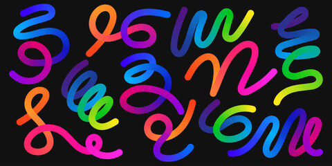 Set of abstract ribbon rainbow gradient swirl lines. Bright decorative fluid wavy colorful shapes. Squiggly Design Elements. Dynamic geometric pattern for party, holiday
