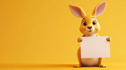 A cheerful cartoon rabbit holding a blank sign against a vibrant yellow background, ideal for advertising